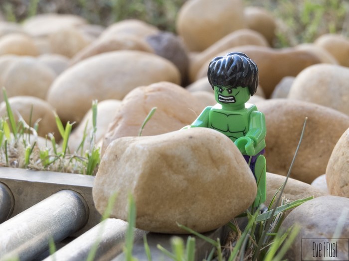 LEGO Hulk among rocks and grass