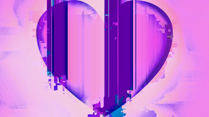 Abstract purple and pink heart with glitch art effect