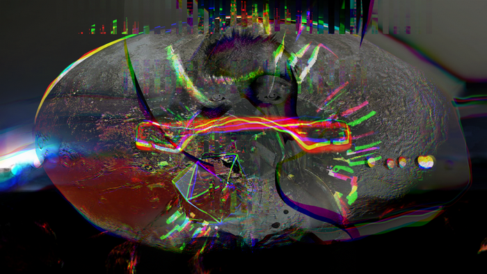 Abstract glitch art of a planet with colorful distortions