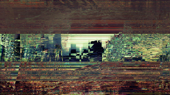 Abstract glitch art cityscape with distorted reflections