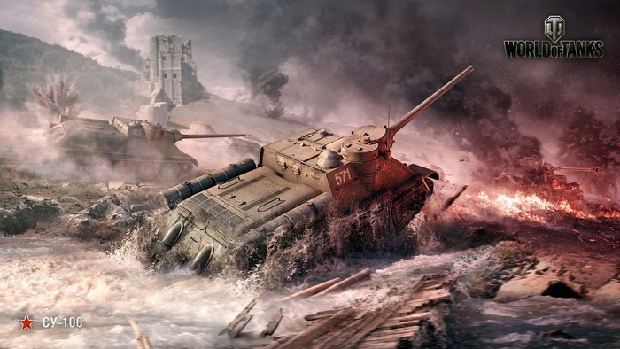 SU-100 tanks in combat in World of Tanks