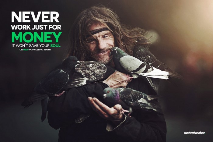 Man with pigeons and motivational quote