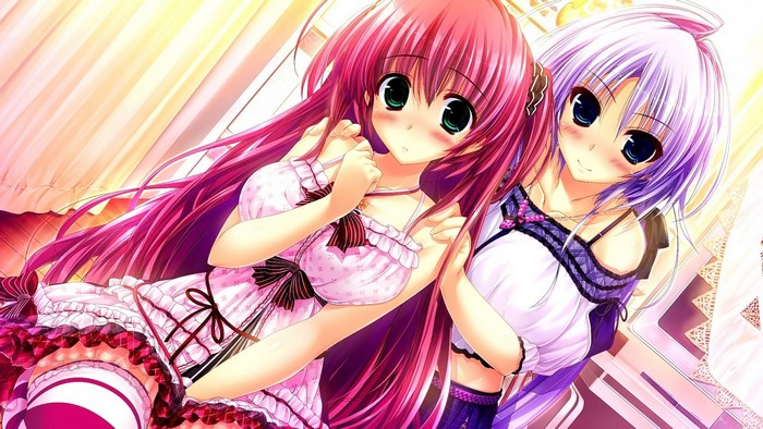 Two anime girls with pink and purple hair