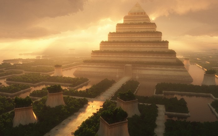 Terraced pyramid structure with gardens and waterways