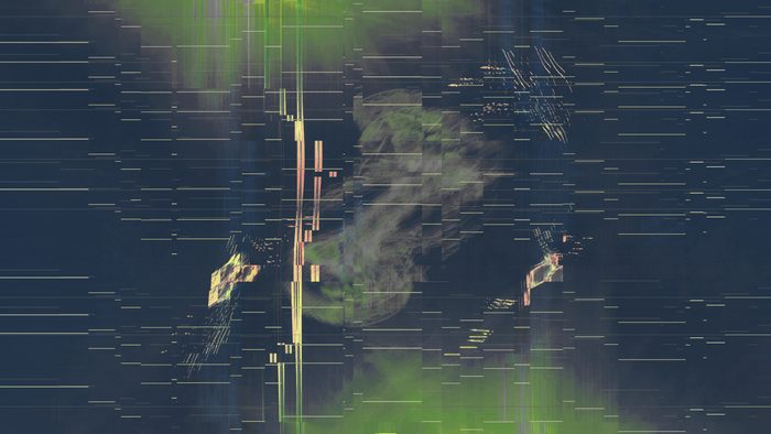 Abstract glitch art with green and blue lines