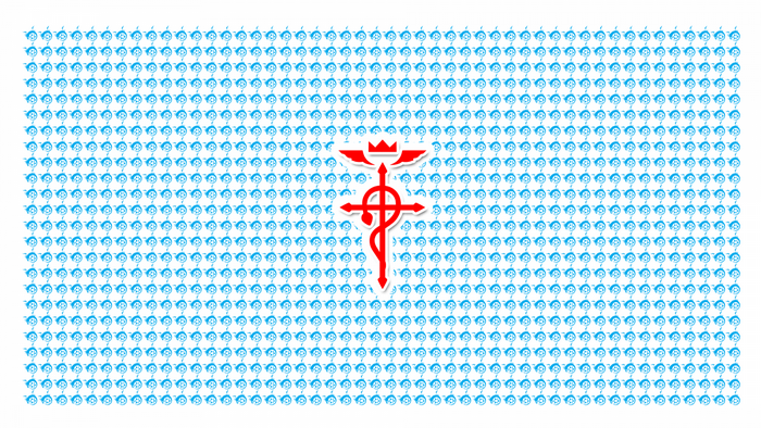 Fullmetal Alchemist Flamel Cross symbol on blue spiral pattern