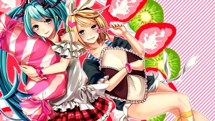 Hatsune Miku and Kagamine Rin with candy and fruit