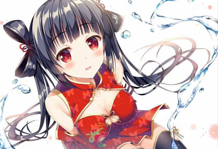 Anime girl in a red Chinese dress with black hair
