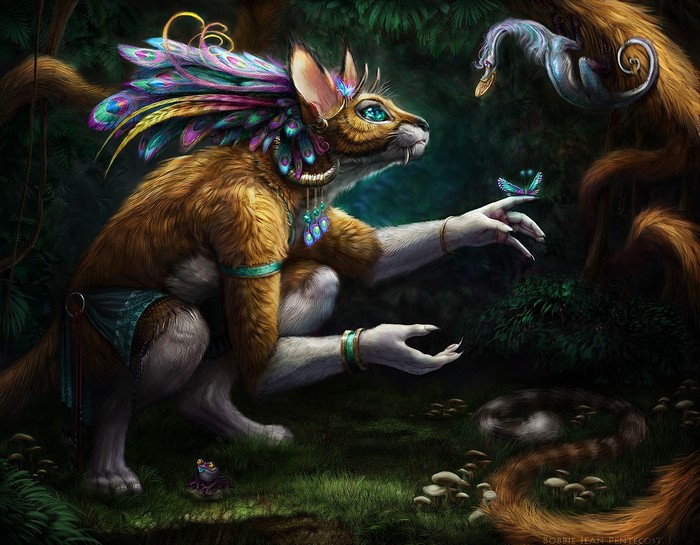 Tribal Anthro creature with butterfly in jungle