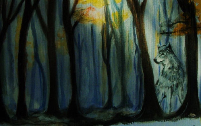 Wolf in a blue forest painting