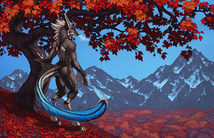 Furry character in autumn landscape with mountains