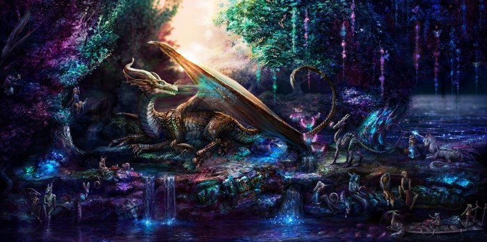 Fantasy art of a dragon in a magical forest