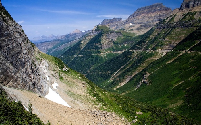 Mountain valley with winding road and forest