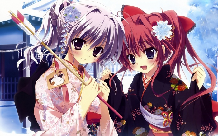 Anime girls in kimonos with an arrow