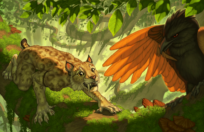 Sabertooth cat and bird in a jungle habitat