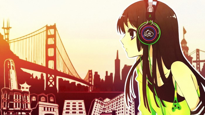 Anime girl with headphones in front of Golden Gate Bridge