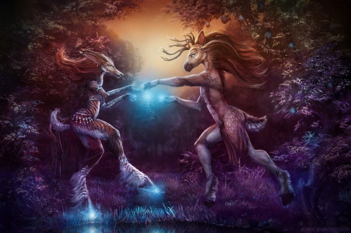 Mythological deer-people interacting with magic in a forest