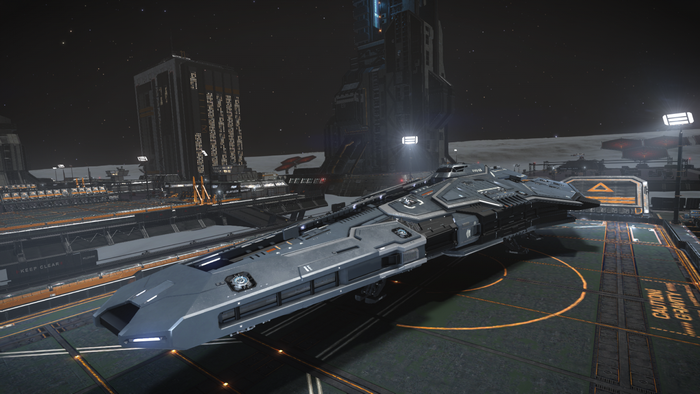 Federal Corvette spacecraft docked at a space station in Elite Dangerous