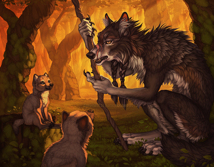 Anthro wolf with cubs in a forest