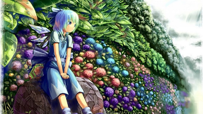 Cirno from Touhou sitting in a garden with flowers and a frog