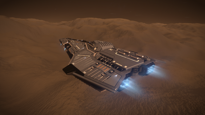 Federal Corvette from Elite Dangerous landing on a planet