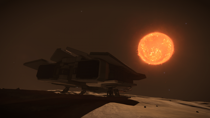 Federal Corvette from Elite Dangerous on a planet surface