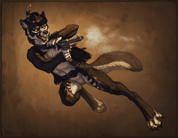 Anthropomorphic wolf cowboy firing a revolver
