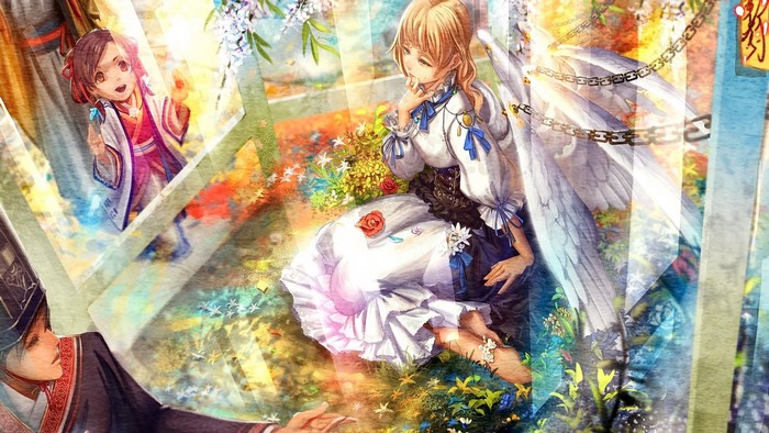 Anime collage with winged girl and children