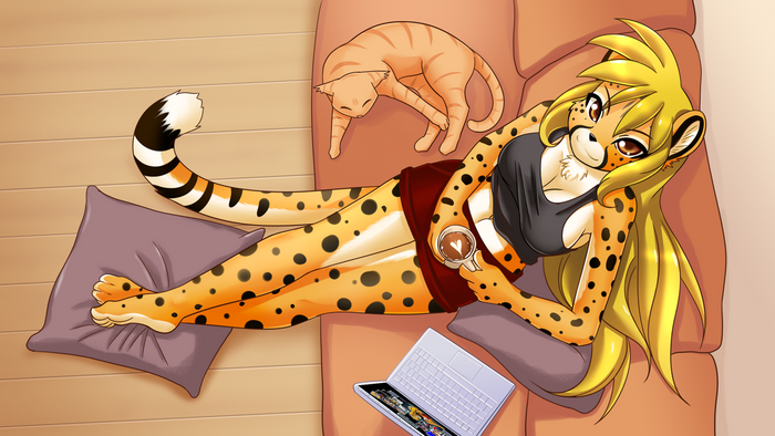 Relaxing Furry Cheetah Character with Cat and Coffee