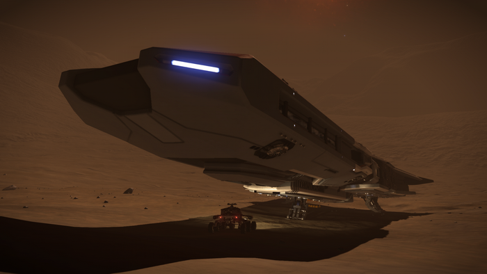 Federal Corvette from Elite Dangerous on a planet surface