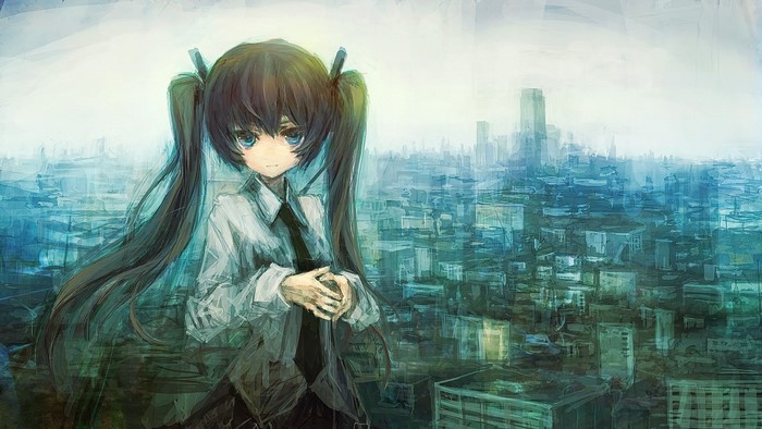 Anime girl with pigtails in a city