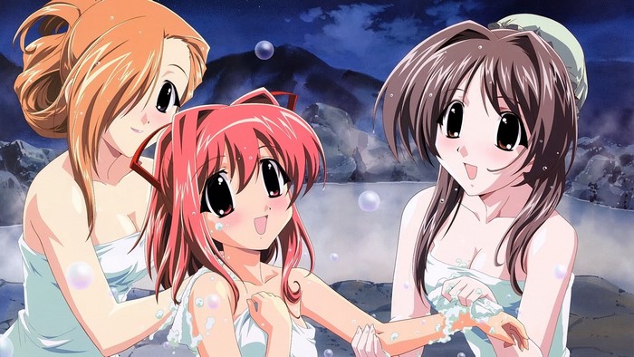 Three anime girls in a hot spring