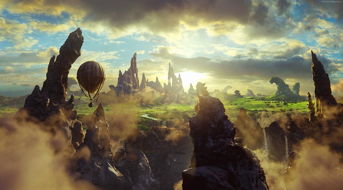 4k, Oz: the Great and Powerful, cliffs, fantasy, sky, 5k wallpaper, baloon