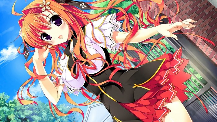 Anime girl with long orange hair and purple eyes