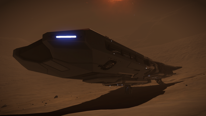 Federal Corvette from Elite Dangerous on a planet surface