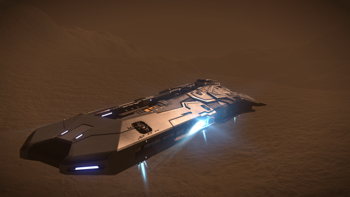 Federal Corvette from Elite Dangerous on a desert planet