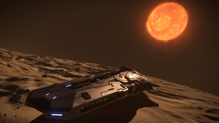 Federal Corvette spaceship on a barren planet with a sun in the background