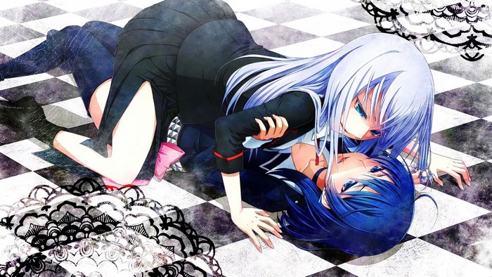 Two anime girls in school uniforms on a checkered floor