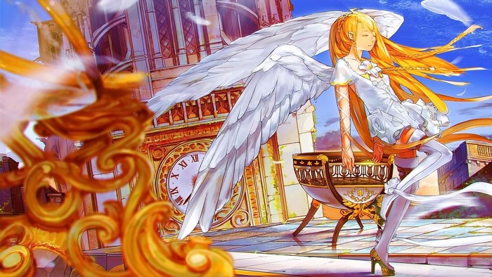 Anime girl with wings and clock tower