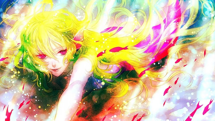 Anime girl with long flowing hair and pink eyes