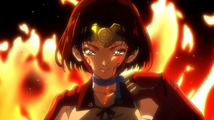 Mumei from Kabaneri of the Iron Fortress in flames
