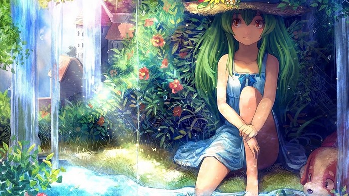 Anime girl with green hair sitting by a waterfall