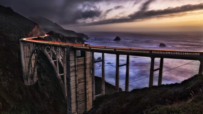 Bixby Creek Bridge at Dusk with Ocean and Mountains