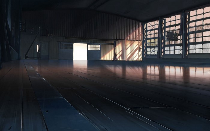 Anime gymnasium with wooden floor and large windows