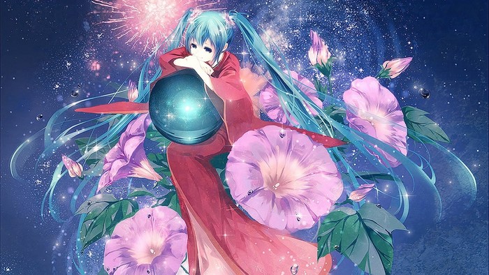Hatsune Miku with Flowers and Fireworks
