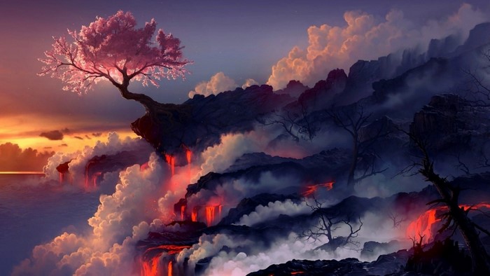 Volcanic landscape with cherry blossom tree at sunset