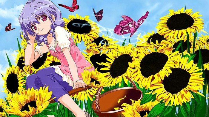 Anime girl with purple hair in a sunflower field