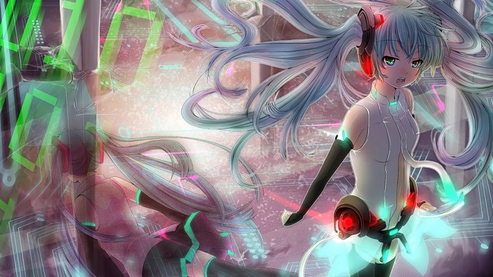 Hatsune Miku illustration with digital background