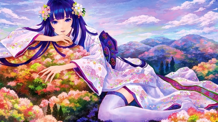 Anime girl in kimono with flowers in a landscape