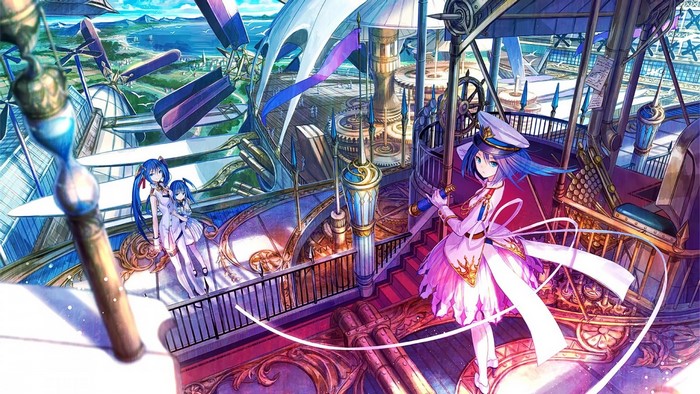 Anime girls on a steampunk airship with a city in the background